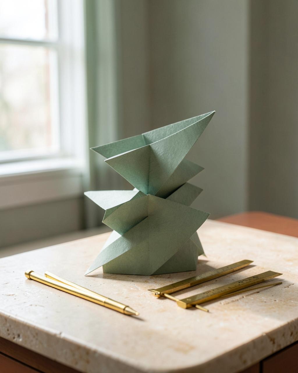 Four ascending paper forms and brass measuring tools symbolizing a sequenced commercial framework